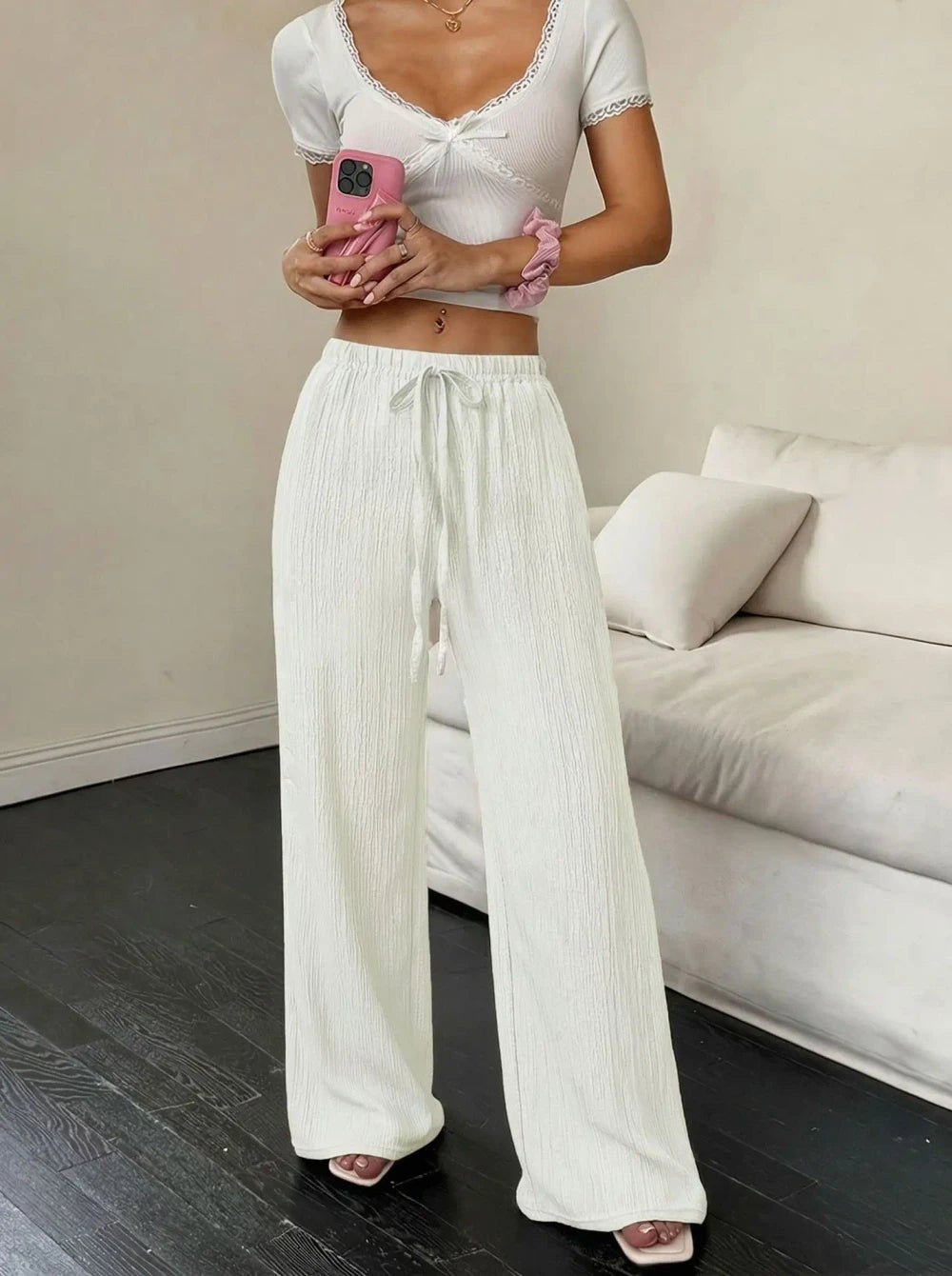 Casual Wide-Leg Polyester Pants